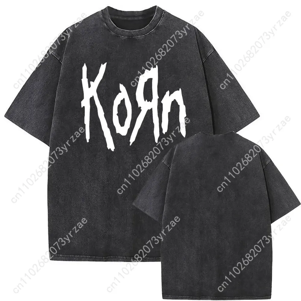Korn Rock Band  Retro Wash Tshirt Man Woman High Quality Vintage T Shirt Fashion Cotton Short Sleeves Soft Breathable Tops