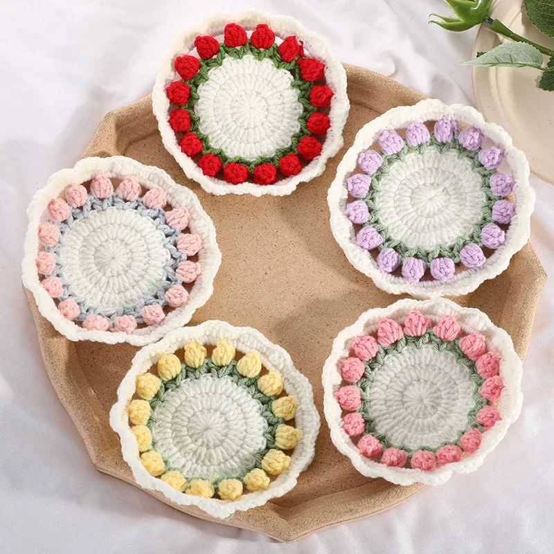 Handmade Crochet Floral Coasters Hand-knitted Round Placemat Ins Style Coffee Mug Holder Reusable Woven Cup Pads Decor posavasos