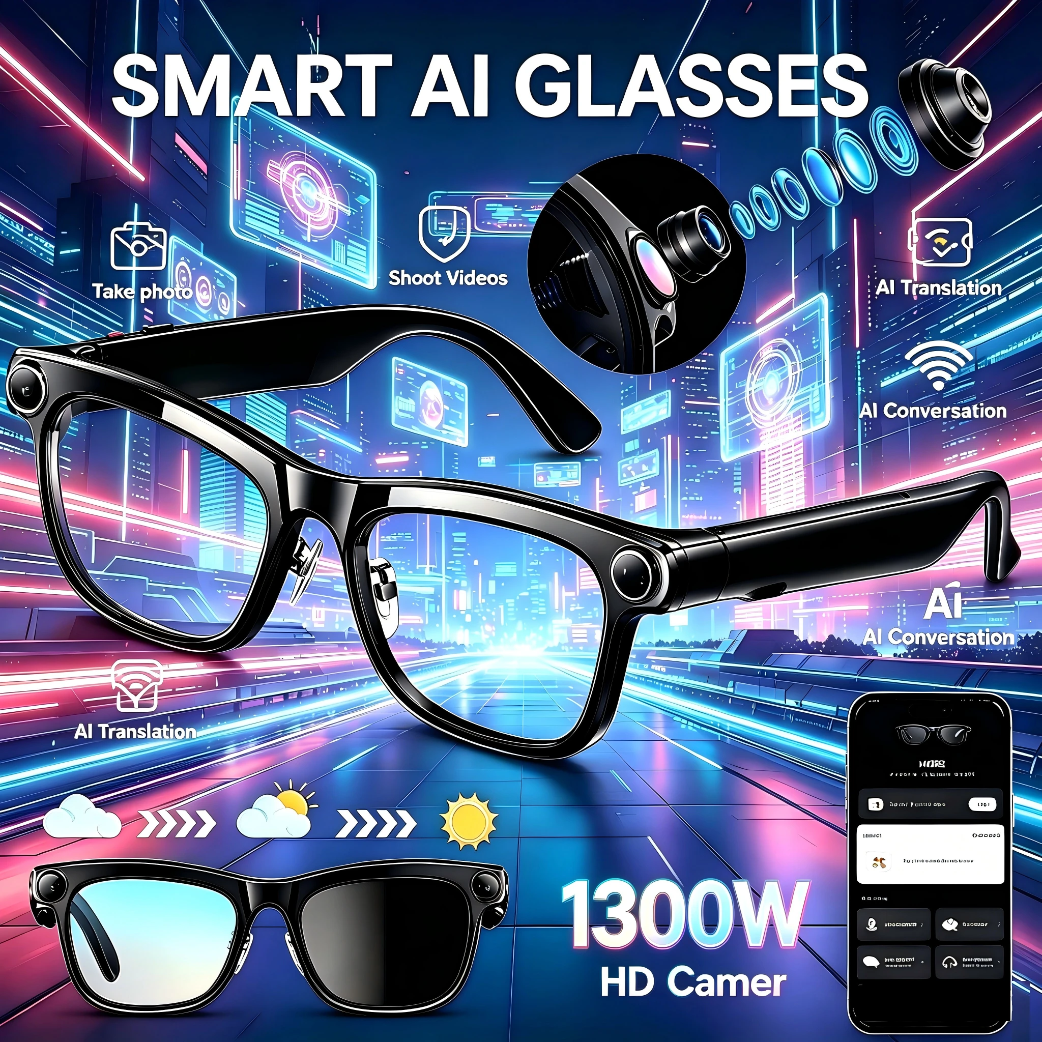 2026 AI Smart Glasses 1300W HD Camera ChatGPT AI Videos & Take Photos AI Translation Music Recording BT Call Men Women Sunglasse