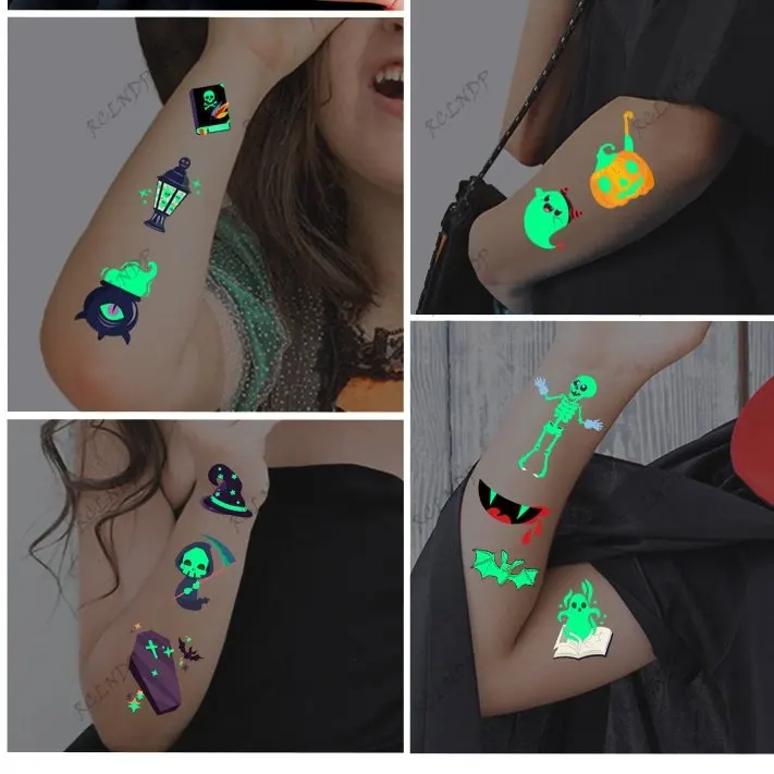 Waterproof Temporary Luminous Tattoo Sticker Cross Bat Grim Reaper Skull Halloween Flash Tatoo Fake Tatto for Kids Women Men