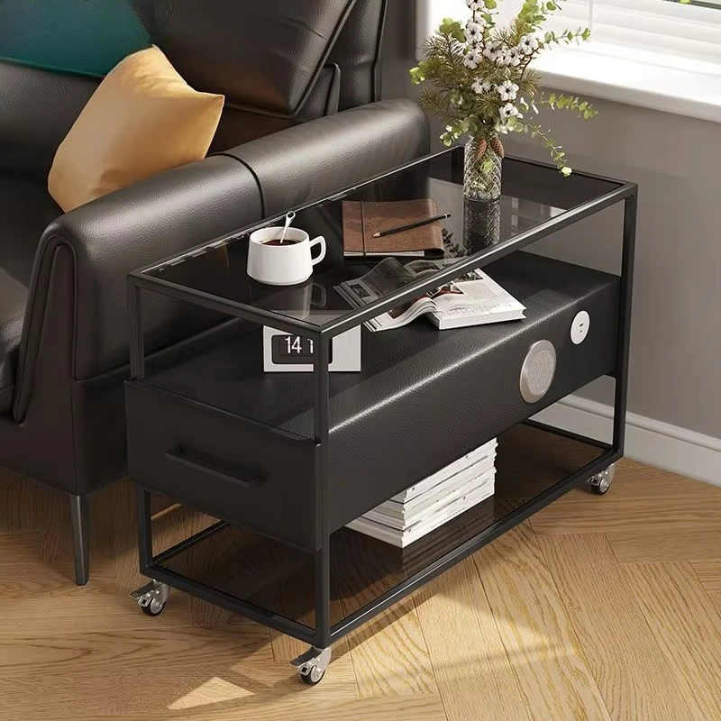 Modern Design Home Apartment Furniture Cheap Price Movable Corner Table Black Square Glass Top Sofa Side Table for Living Room