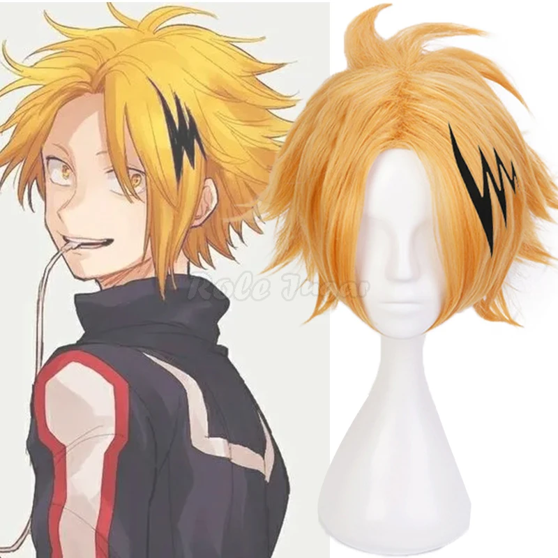 Anime Denki Kaminari perucas curtas para homens, fantasia de Cosplay, resistente ao calor dourado, cabelo sintético, vestir, C90X76