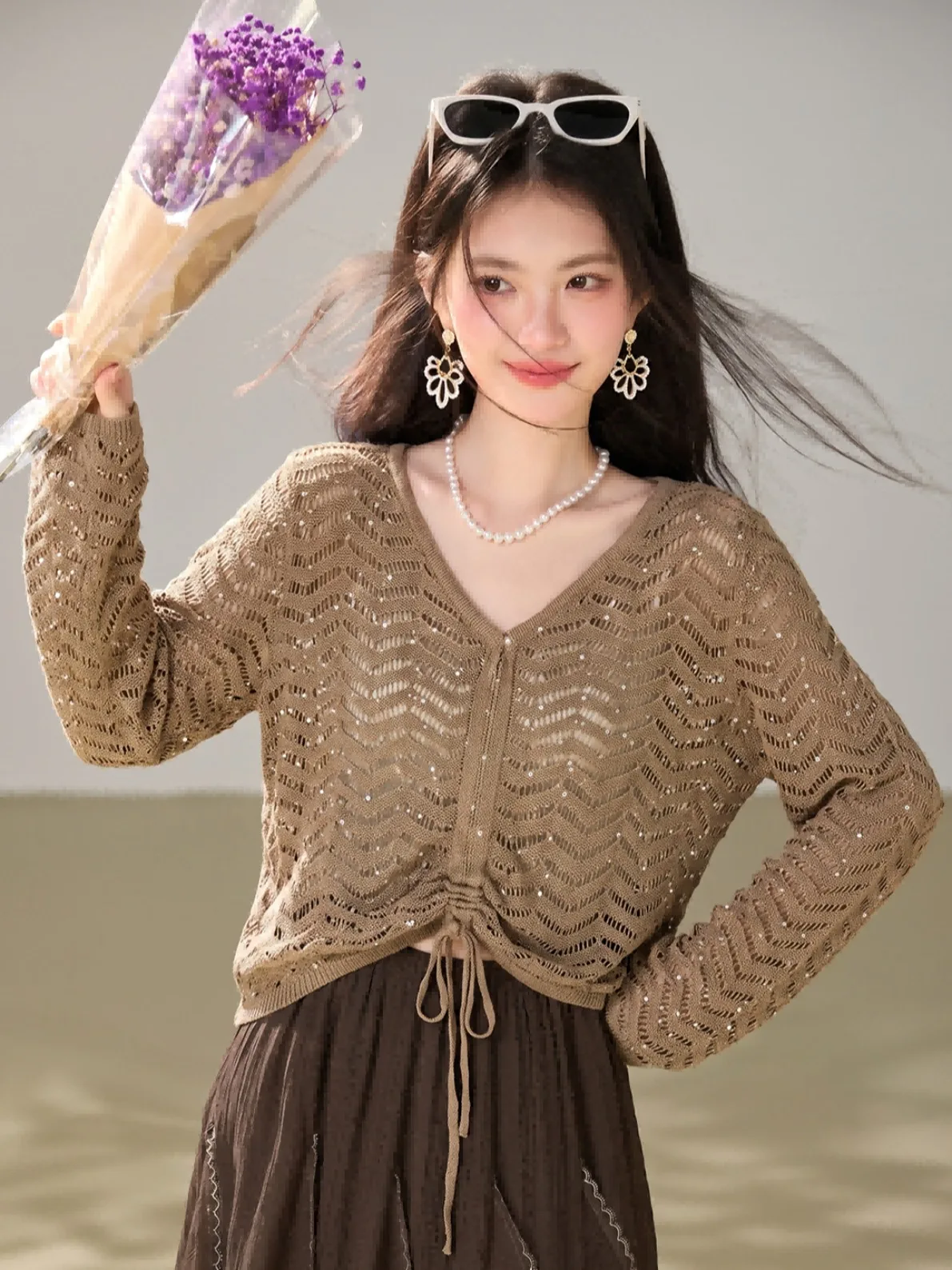 Women's V-neck Hollow Knitted Sweater Short Loose Thin Spring Autumn Drawstring Regulation Glitter Top Mid-century Style
