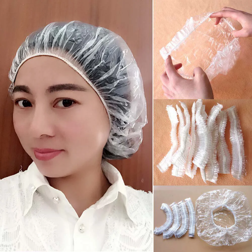 100Pcs Disposable Shower Cap Elastic Mesh Shape Waterproof Non-woven Bath Hat for Extension Clear Beauty Hair Hat Shower Cap