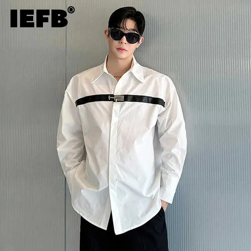 

IEFB Niche Style Men's Shirt Metal Button PU Leather Patchwork Contrast Color Lapel Long Sleeve Male Clothing Stylish New 9C7083