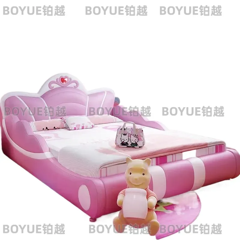 Pink Princess Single Bed for Girls with Storage Modern Cartoon Leather Upholstered Soft Eco Friendly Kids Bedroom Furniture