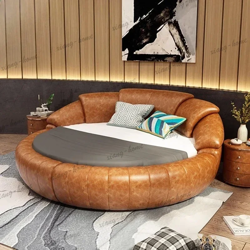 FG Leather Round Double Bed Cowhide Modern Fashionable Headboard Frame Round Queen Bed Space Saving Wood Queen Bedroom Furniture