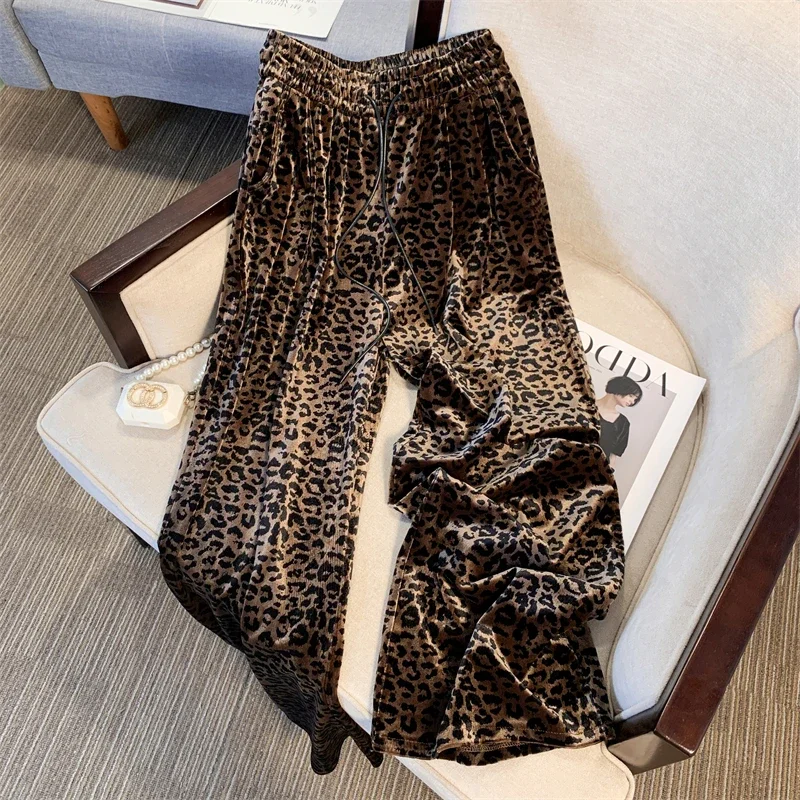 

Women's Leopard Print Pants Wide Leg 2000s Y2K Autumn And Winter Pants High Waist Hanging Casual Premium Straight Pants Tide