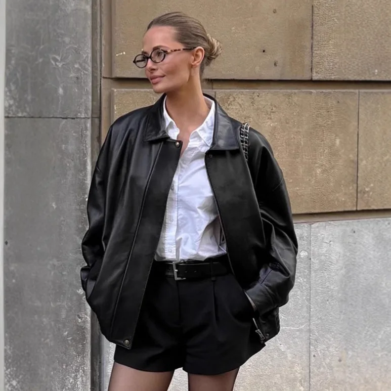 

Black Autumn Women Motorcycle Jacket Turn Down Collar Zipper Button Pu Leather Coat For Lady Instagram-Style Chic Female Outwear