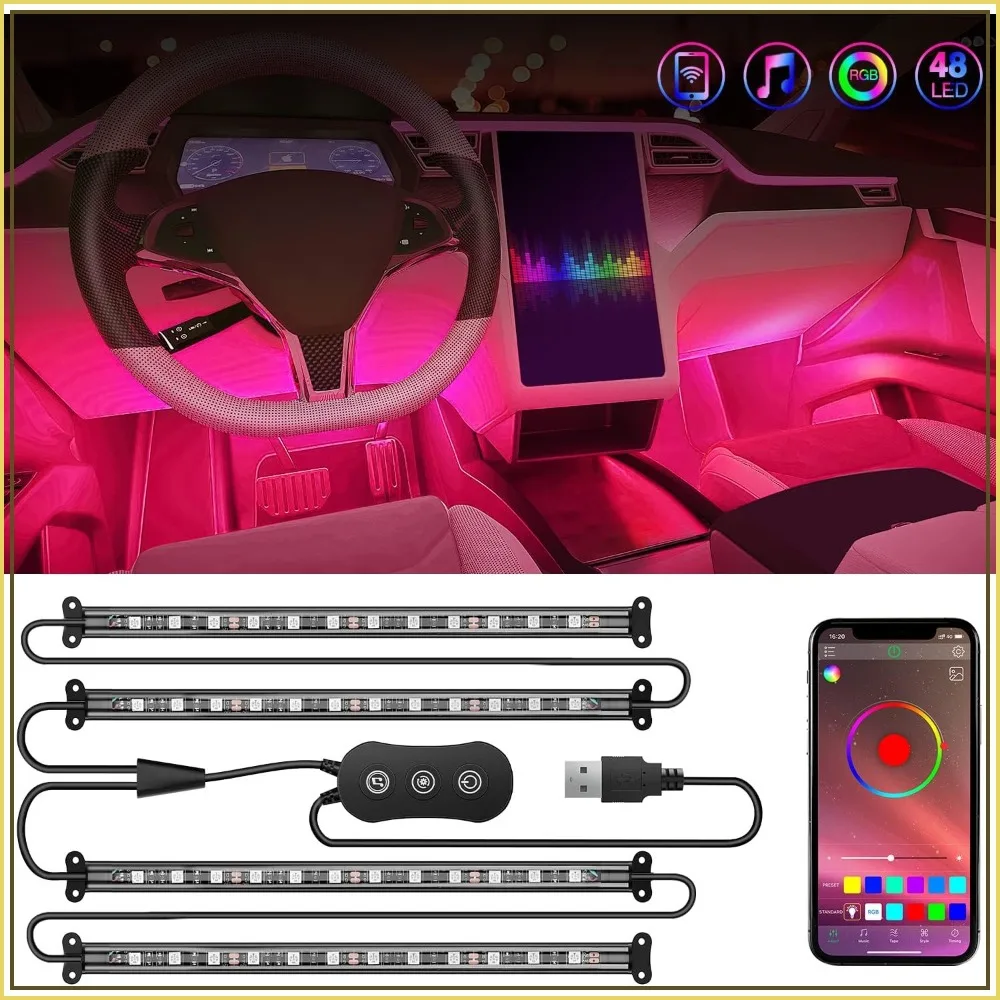 

48 LEDs RGB Car Interior Lights with App & Music Control, 2-Line Design for Truck ATV UTV, 2-Year Warranty