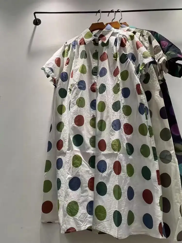 

Fall clothes 2025 women Japan style cotton short sleeve polka dot print dress for women single-breasted long shirt dress