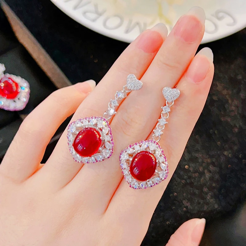 KOFSAC Women New Luxury Crystal Red Oval Geometric Necklace Earrings Ring 925 Silver Jewelry Set Lady Anniversary Accessories