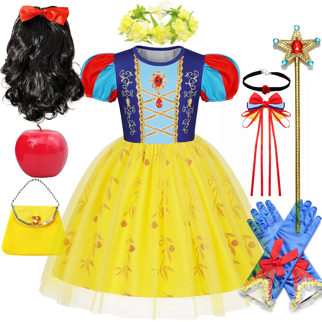

Летнее платье с короткими рукавами в стиле Дисней для девочек, праздничное платье для косплея в стиле Белоснежки на Хэллоуин + комплект аксессуаров, размеры 2-10 лет