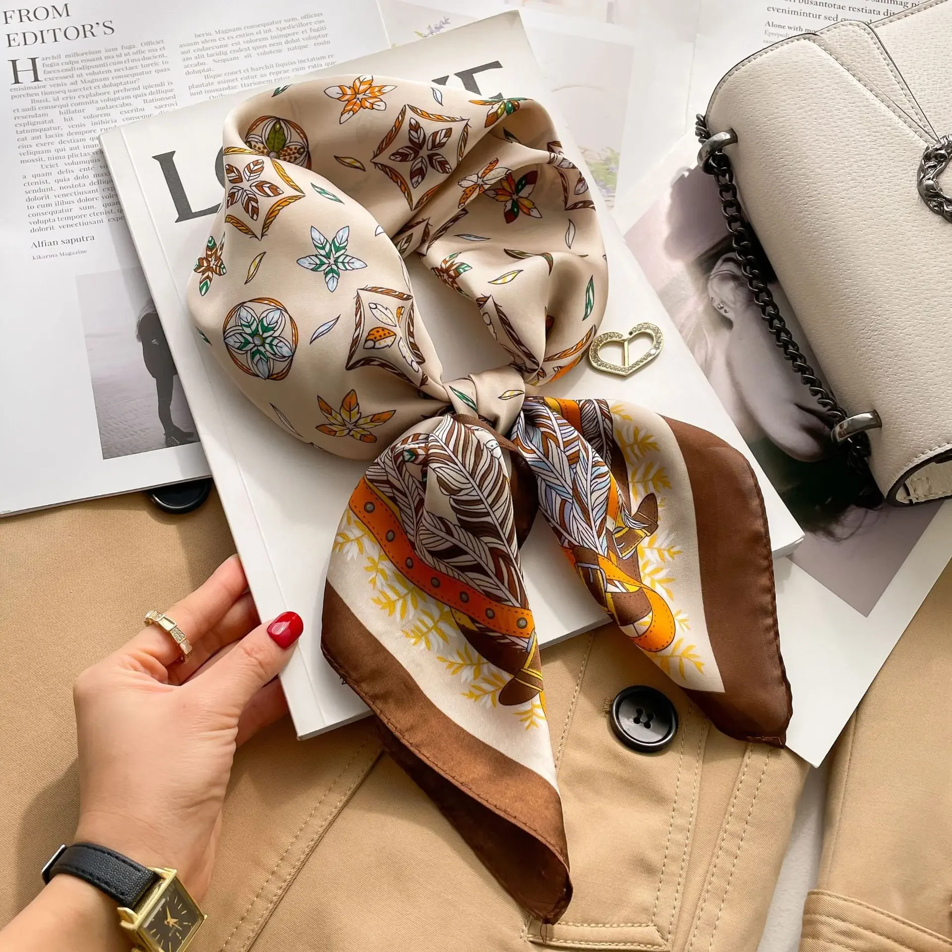 Silk Square Scarf Women 100% Real Luxury Brand Horse Print Neckerchief Female Hair Hand Bag Wrist Foualrd Scarves Bandana