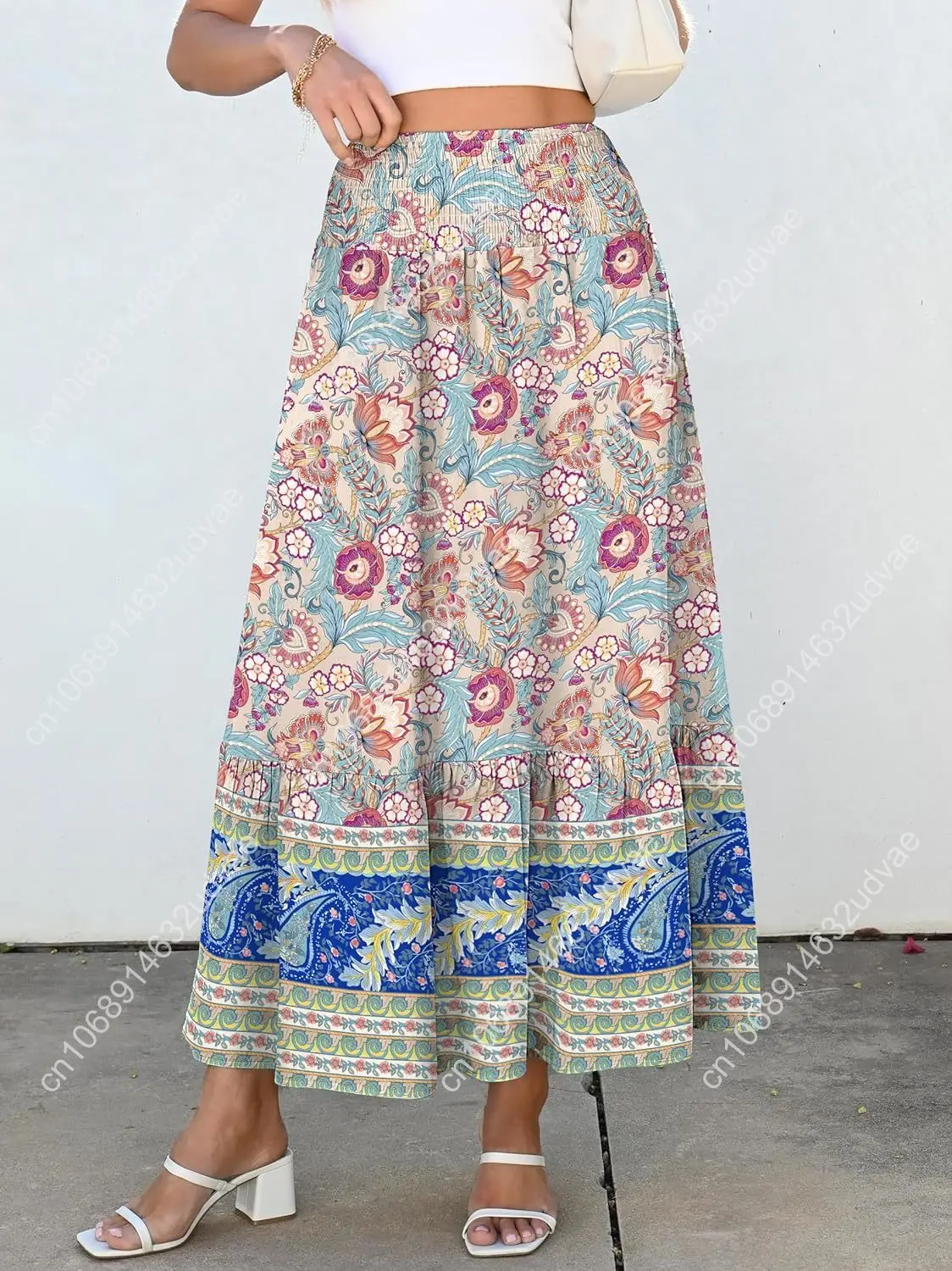 Maxi Skirts for Women 2025 Summer Boho Long Flowy Floral Elastic High Waist Skirt Casual Travel Skirt with Pockets