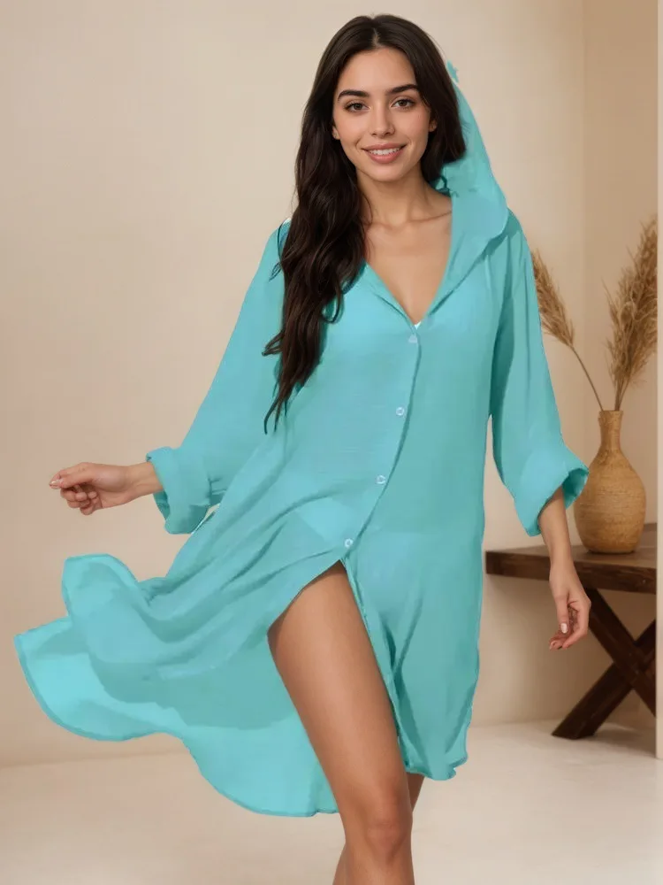 Beach Jacket, Women's Shirt-style Resort Pure-color Cardigan, Bikini Swimsuit Cover-up, Sunscreen Clothing