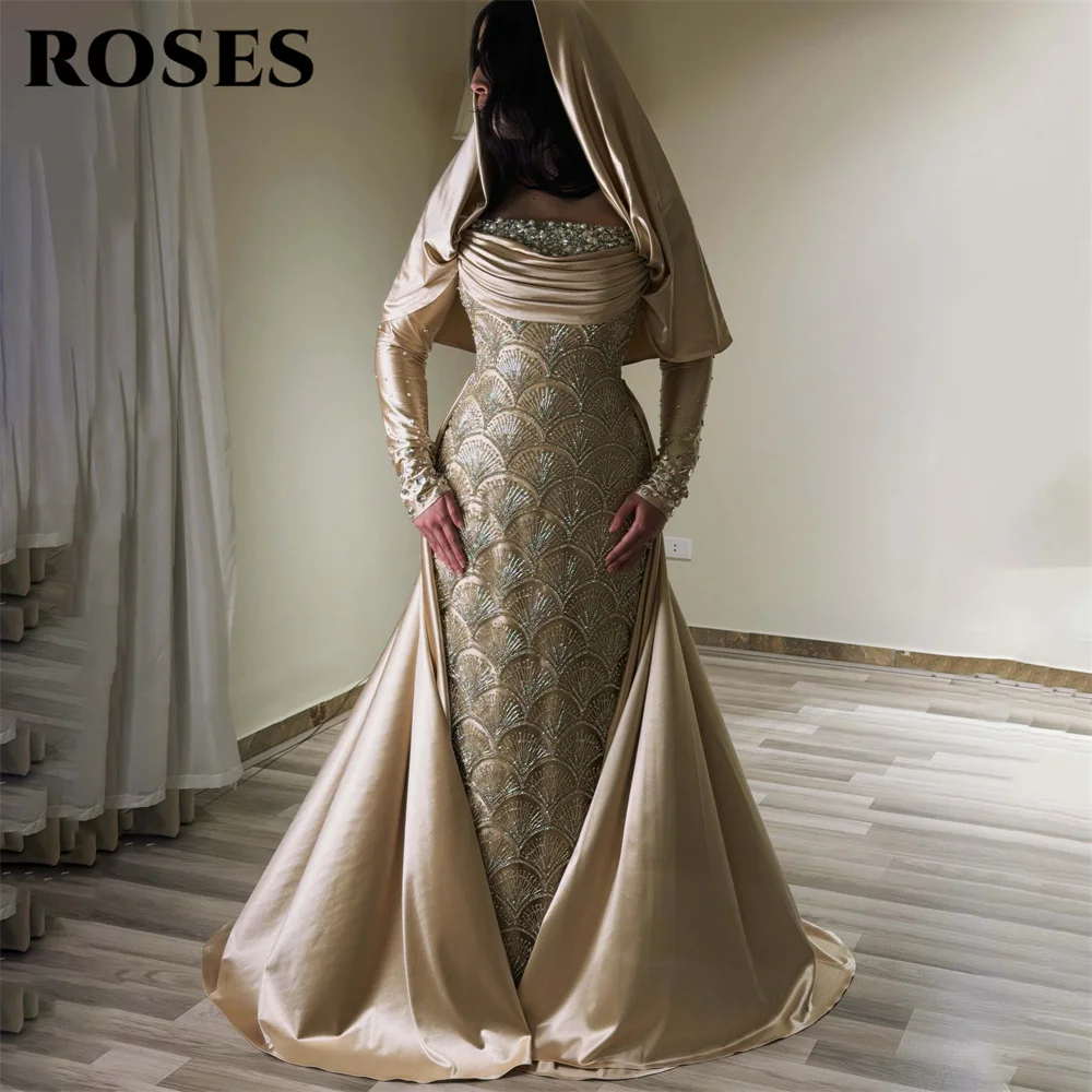 ROSES Champagne Long Sleeve Prom Dress Heavy Beaded Embroidery Satin Evening Dress Mermaid Party Dress Robe De Soirée Customized