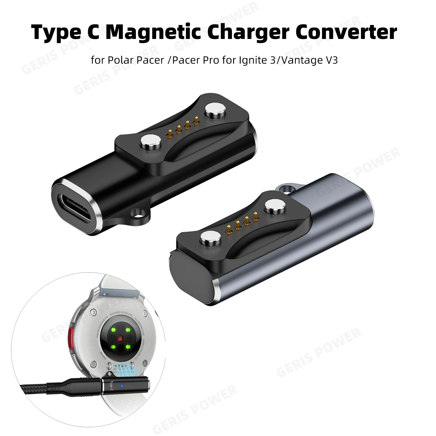 Adaptateur de charge magnétique USB C, connecteur de chargeur de montre, convertisseur de puissance pour Polar Pacer/Pro pour Ignite 3/Vantage V3/Grit X 2 Pro
