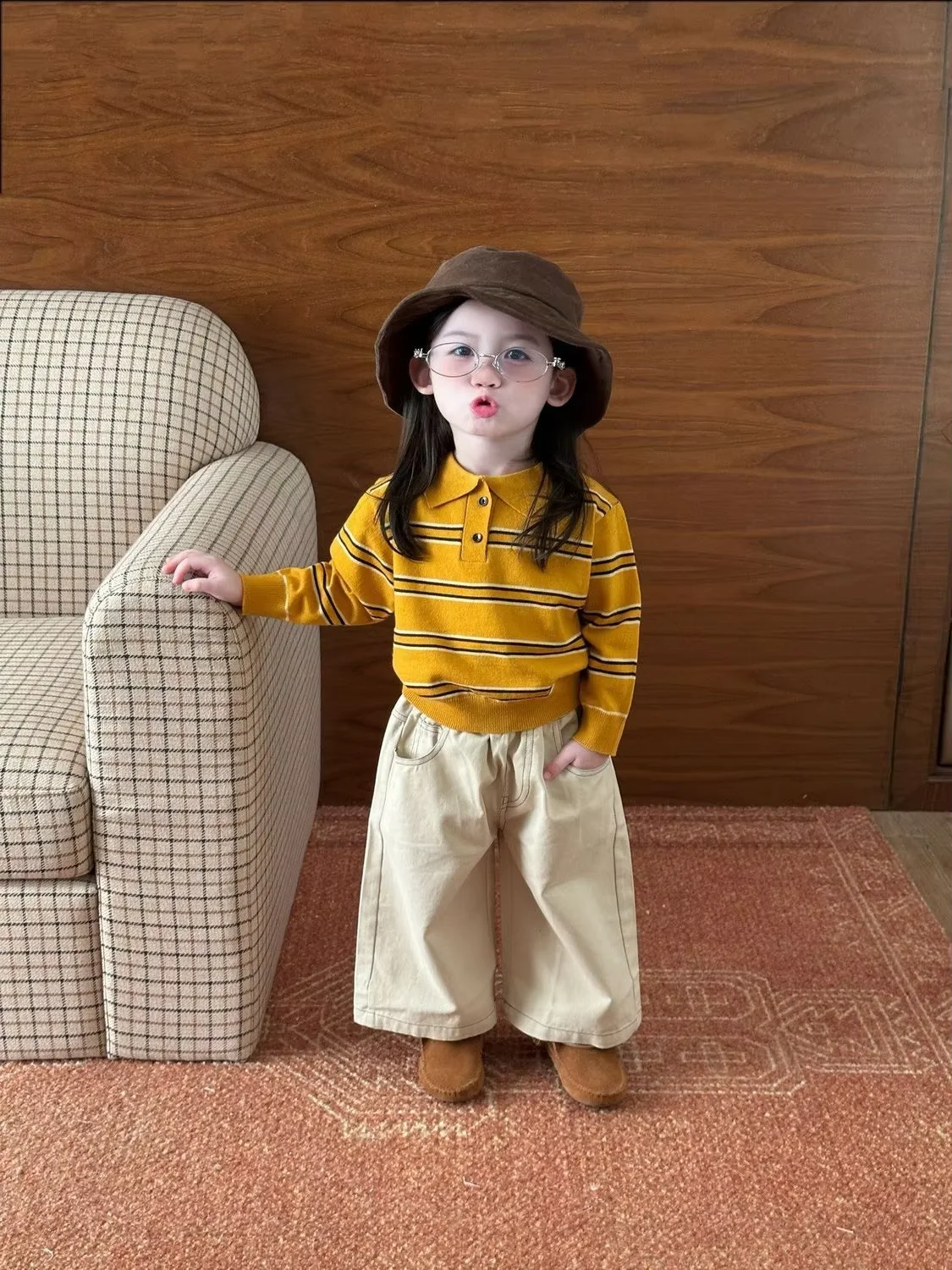 

Spring and Autumn Girls' Set New Children's Striped Polo Collar Knitted Shirt+Casual Straight Pants Two-piece Set
