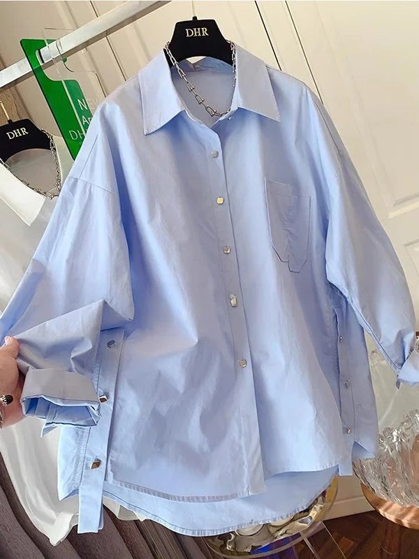 

plus Size Women's Casual Loose Shirt Metal Square Buckle Design Spring Summer Thin Cotton Long Sleeve Collar Sun Protection