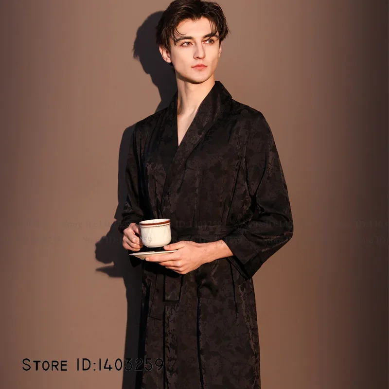 Spring Summer New Mens Robe Homewear Black Ice Silk Jacquard Sleepwear Pijamas Suit Loose Casual Male Sleepwear Loungewear