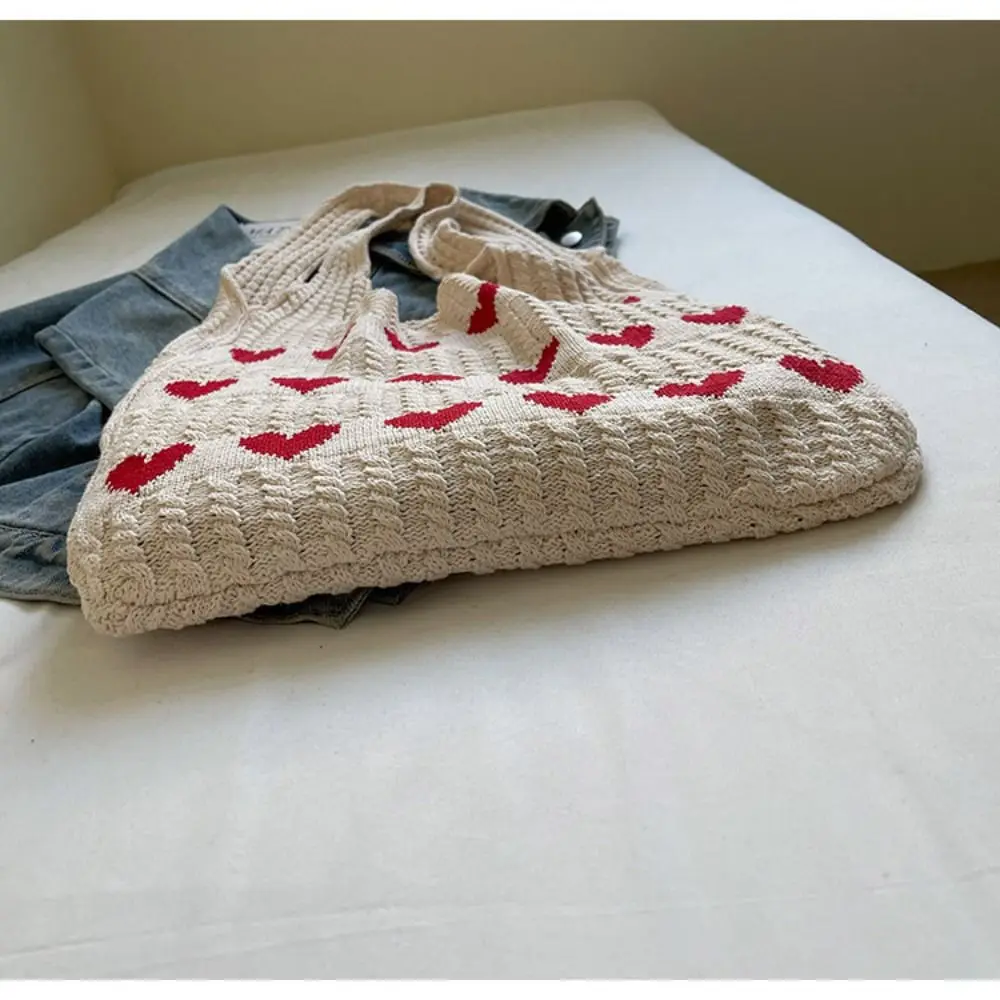 Fashion Heart Crochet Handbag Hollow Pattern Retro Style Knitted Braid Bag Solid Color Top-handle Shopper Bag Women's Fashion