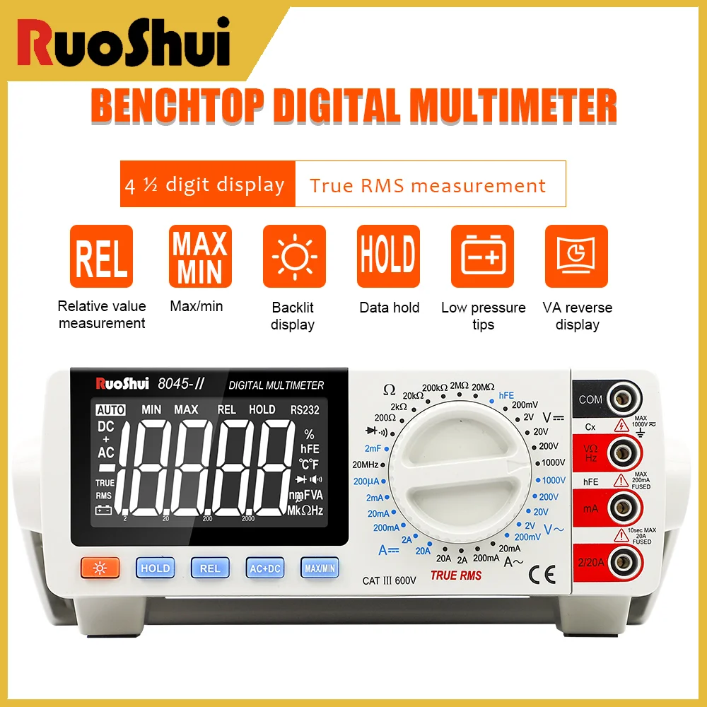 

RuoShui 8045-II True RMS Digital Desktop Multimeter 20000 Counts Tester For Capacitance/Transistor AC/DC 1000V & 20MHz Frequency