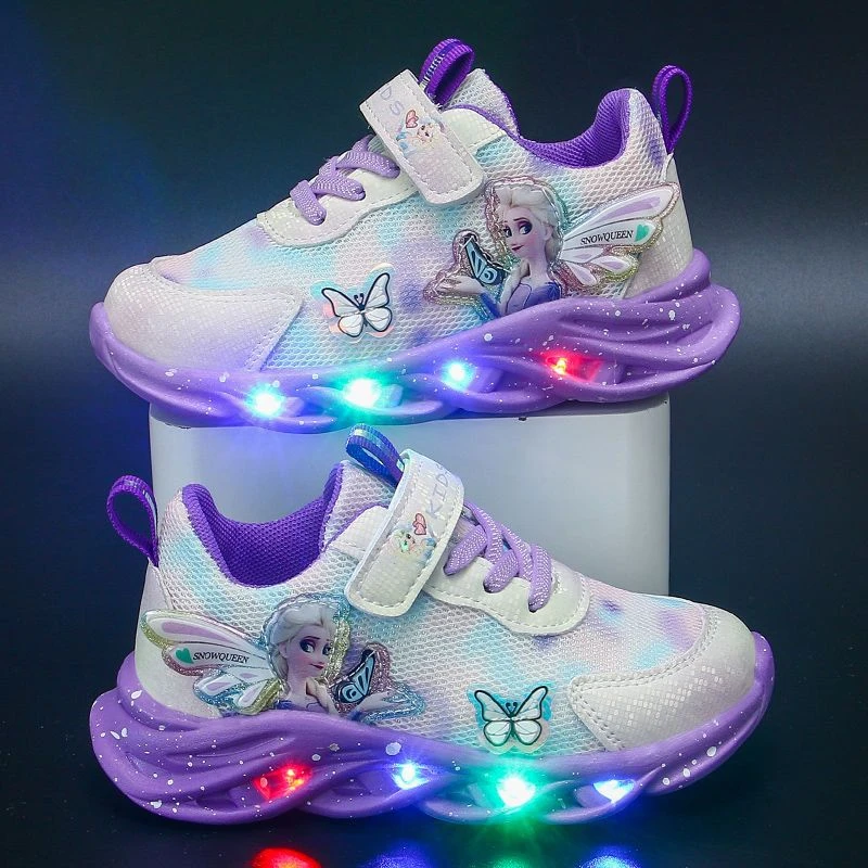 

Disney Children Sneakers LED Lights Autumn Mesh Leather Breathable Princess Elsa Shoes Boys Running Purple Red Shoes Size 26-36