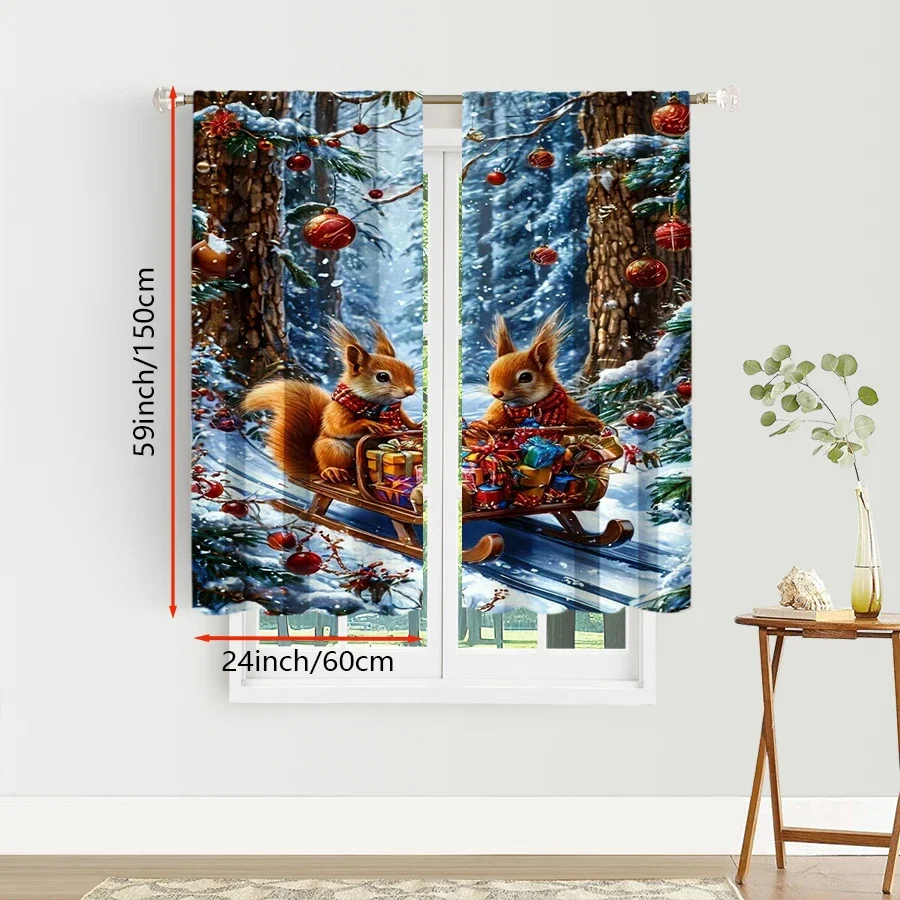 2PCS Squirrel Sleigh Christmas Curtains, Winter Forest Gift Box Snowy Tree, Animal Holiday Window Drapes for Bedroom Living Room
