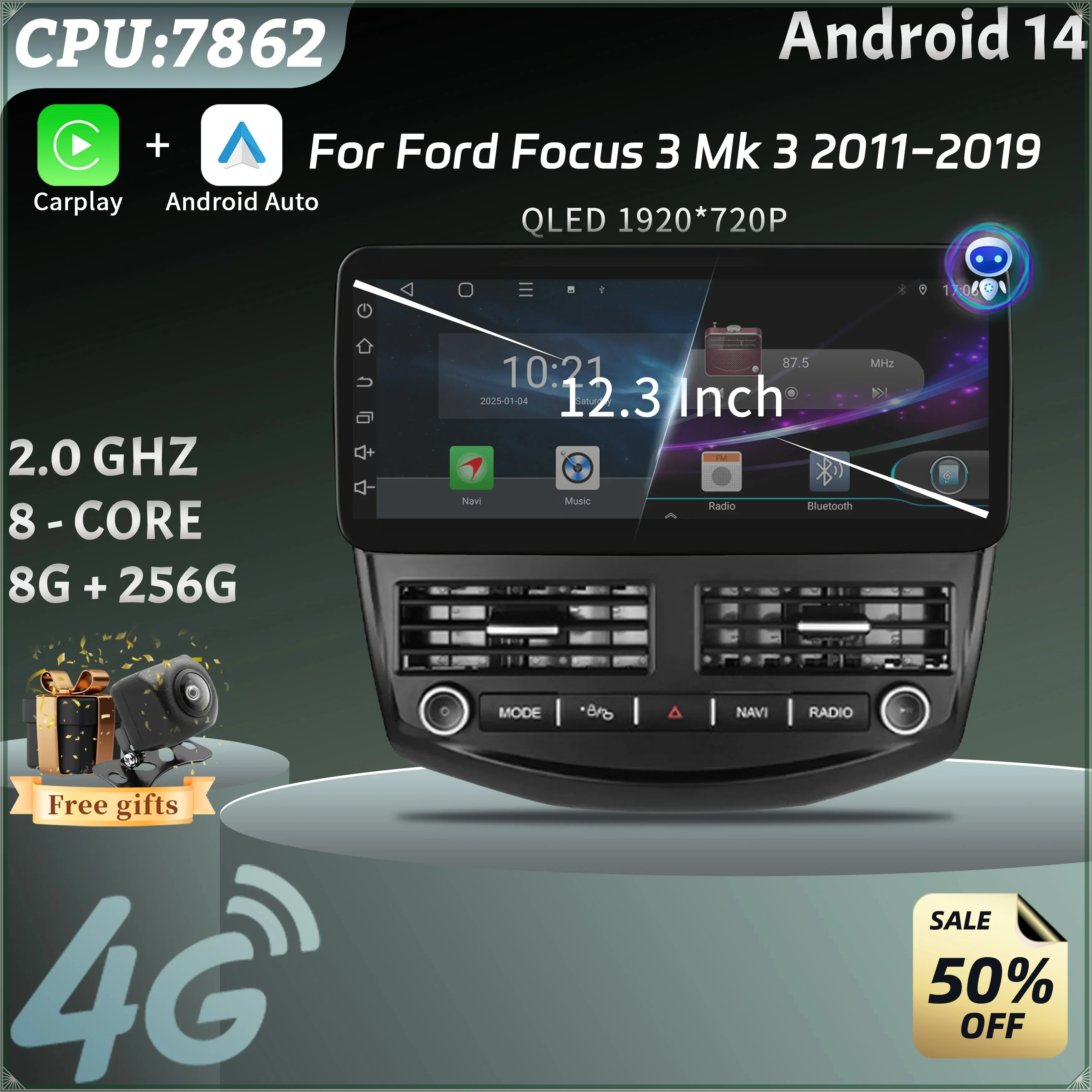 12.3inch Android Car Radio For Ford Focus 3 Mk 3 2011-2019 Multimedia 4G GPS Wireless Bluetooth Carplay Head Unit Stereo Screen
