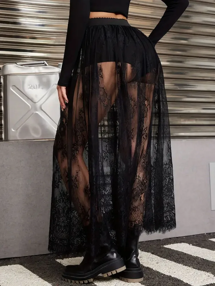 

Summer Women's Clothing Goth Lace Sheer See Through Long Skirt For Woman Elegant Office Wear Tulle Maxi Evening Party Skirt