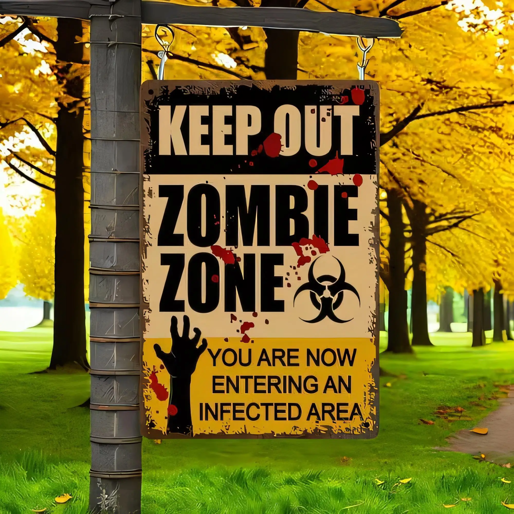 Blechschild „Keep Out Zombie Zone“ – Sie betreten jetzt eine infizierte Zone – Horror-Halloween-Wanddekoration – Metallplakette im Vintage-Stil für G