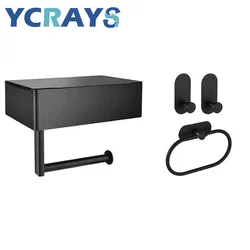 YCRAYS No Drilling SUS304 Black Tissue Paper Box Holder Towel Bar Ring Robe Hook For Bathroom Accessories Bath Hardware Sets