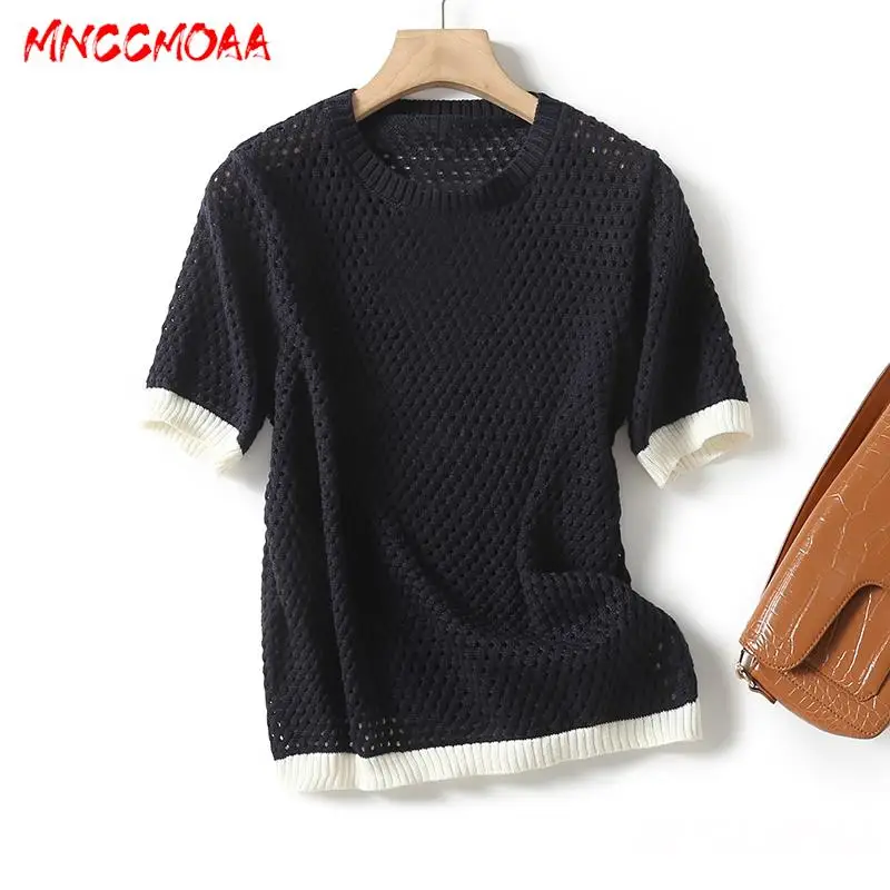 MNCCMOAA 2024 Spring Summer Women Fashion Hollow Short Sleeve Knitted Sweater T-Shirt Female Solid Color Casual Round Neck Tops