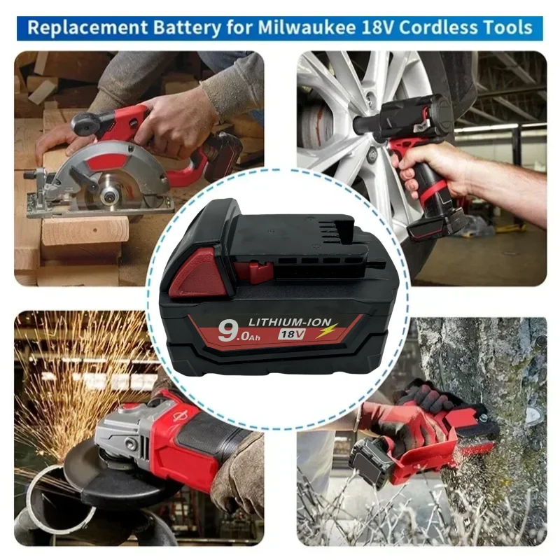 For Milwaukee M18 Power Tool Battery, Charger, Milwaukee 18V，BR, XC, 18V, 9000mAh M18B5, 48-11-1860, Built-in 18650 Battery