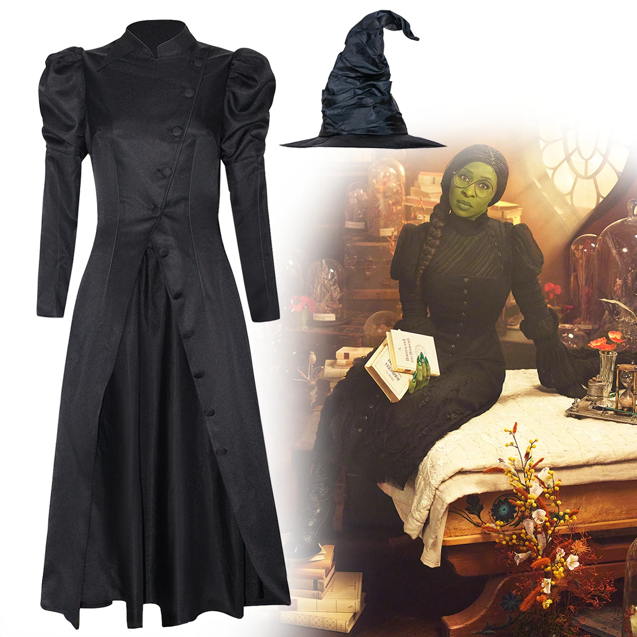 

Movie Wicked Elphaba Cosplay Costume Adult Women Witch Dress Hat Uniform Wizard Robe Accessories Halloween Carnival Outfits