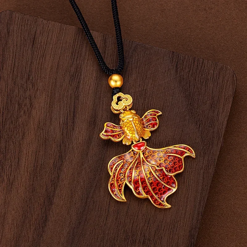 24K Yellow Gold Ancient Gold Red Goldfish Black Rope Pendant, Real Gold New Chinese Enamel Brocade Carp Necklace Birthday Gift