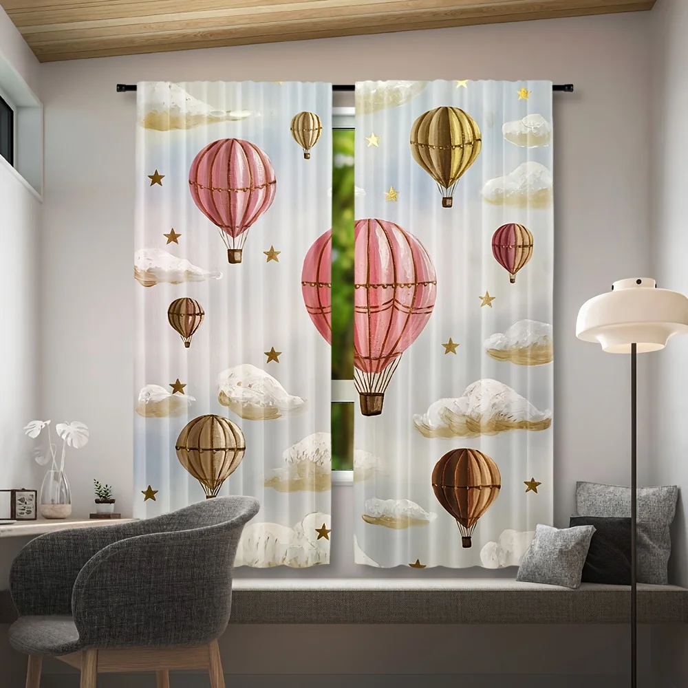 Watercolor Balloon Cloud Blackout Rod Pocket Curtain Golden Star Sweet Cartoon Decor Kid Homestay Dream Rest Bay Window