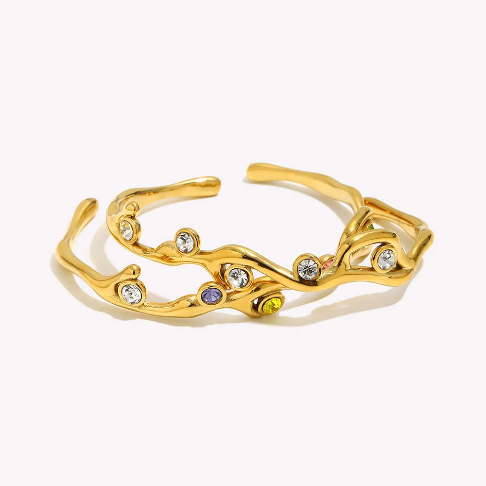 E.B.belle Plant Branch Shape Open Bracelet Colorful Rhinestone Bangle 18K Gold Plated Stainless Steel For Women Hypoallergenic