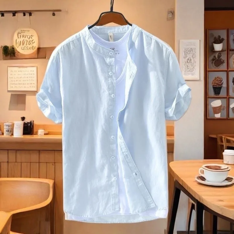 

Casual Loose Linen Cotton irt Men's ort Sve Summer Thin Breathable Faionable Stand Collar Button up Casual irt