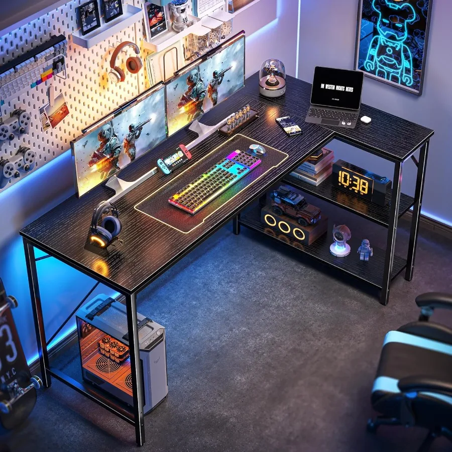 مكتب كمبيوتر على شكل حرف L مقاس 55 بوصة مع أرفف تخزين قابلة للعكس لزوايا الألعاب والمكتب المنزلي ودراسة الكتابة المعدنية المتينة #6