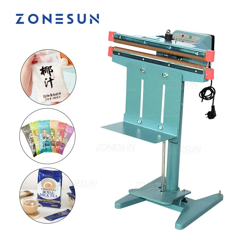 ZONESUN-máquina de sellado térmico Manual para bolsas de plástico, sellador térmico de papel de aluminio de doble uso con Pedal de pie, maquinaria