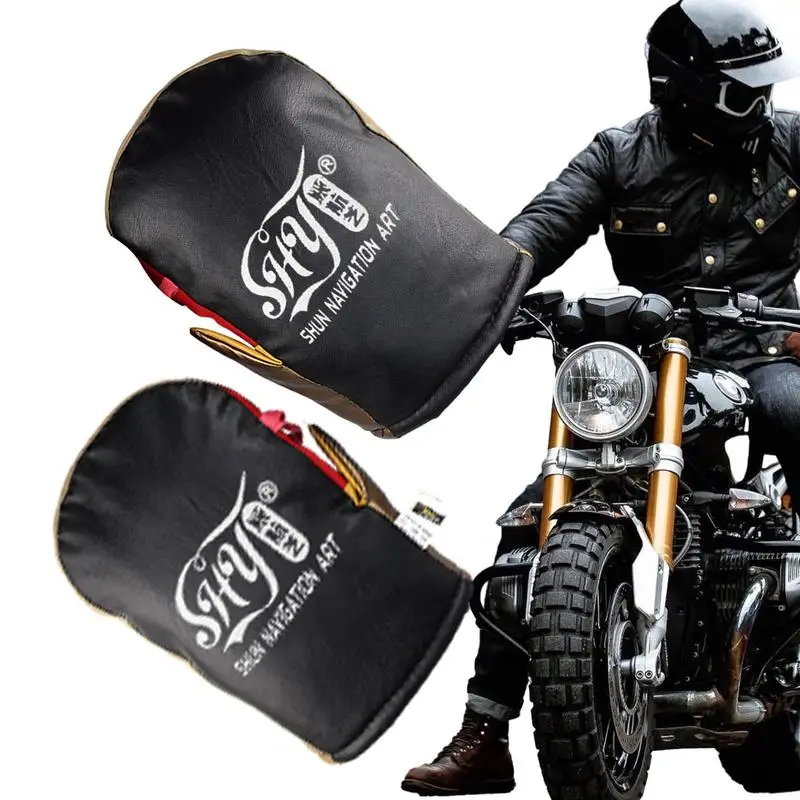 Handlebar Mitts For Motorcycle Windproof Winter Mitts Warmers String Design PU Leather Hand Warmer For Motorcycles Snowmobiles