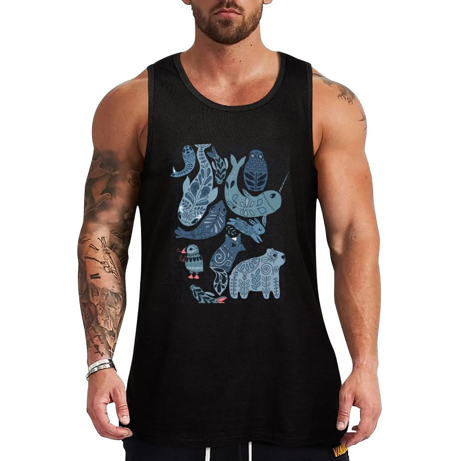 Arctic animals. Narwhal, polar bear, whale, puffin, owl, fox, bunny, seal. Tank Top gym for men sports suits