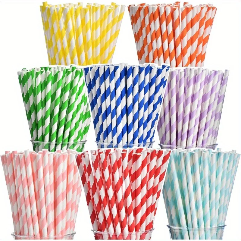 Paquete de 200 pajitas de papel biodegradables, surtido de rayas de arcoíris de alta calidad para batidos, cumpleaños, decoraciones para fiesta de boda