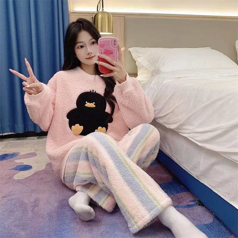 

coral fleece Women's pajamas autumn winter fleece-lined thicken Sleepwear premium feel cartoon stripe half-pile homewear suit