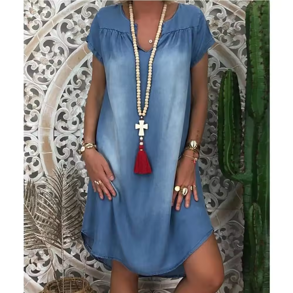 Denim Dress Swing Summer Dress Plus Size 1XL-5XL Women's New Fashion Casual Solid V Neck Long Party Loose Short Sleeve