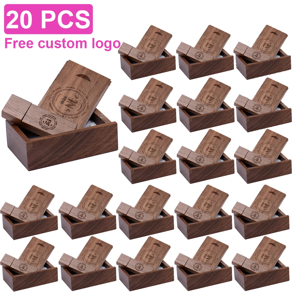 

20PCS/LOT Walnut Wood USB Flash Drive 128GB Free Custom Logo Memory Stick 64GB 100% Real Capacity Pen Drive 32GB Creative Gift