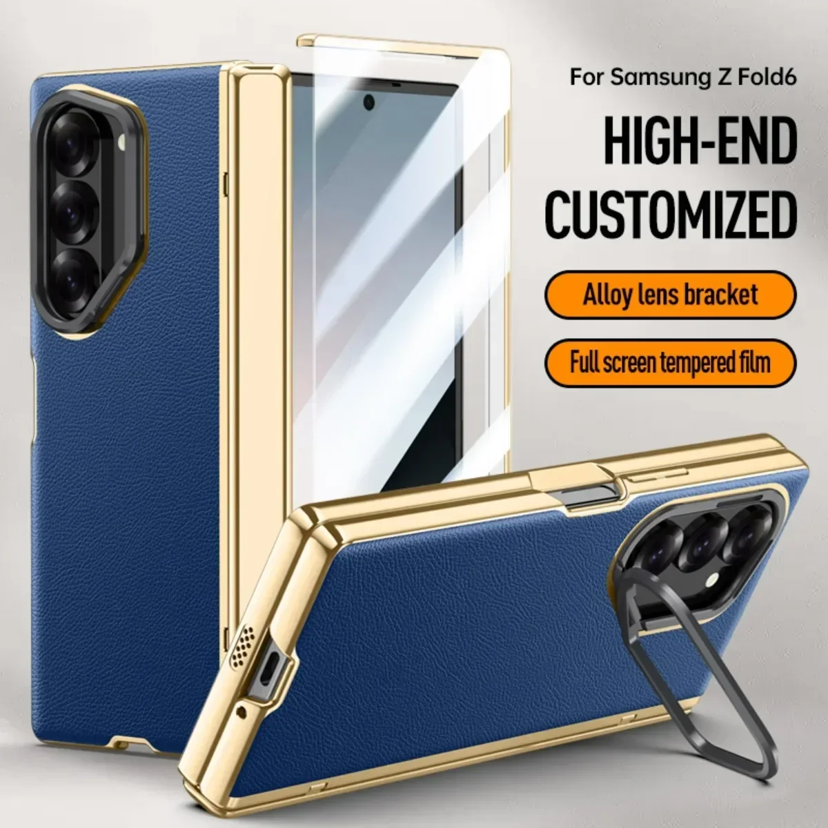 For Samsung Galaxy Z Fold 6 Case Ultra Thin Electroplated Leather Folding Hinge with Tempered Film Shockproof Cover Accessories