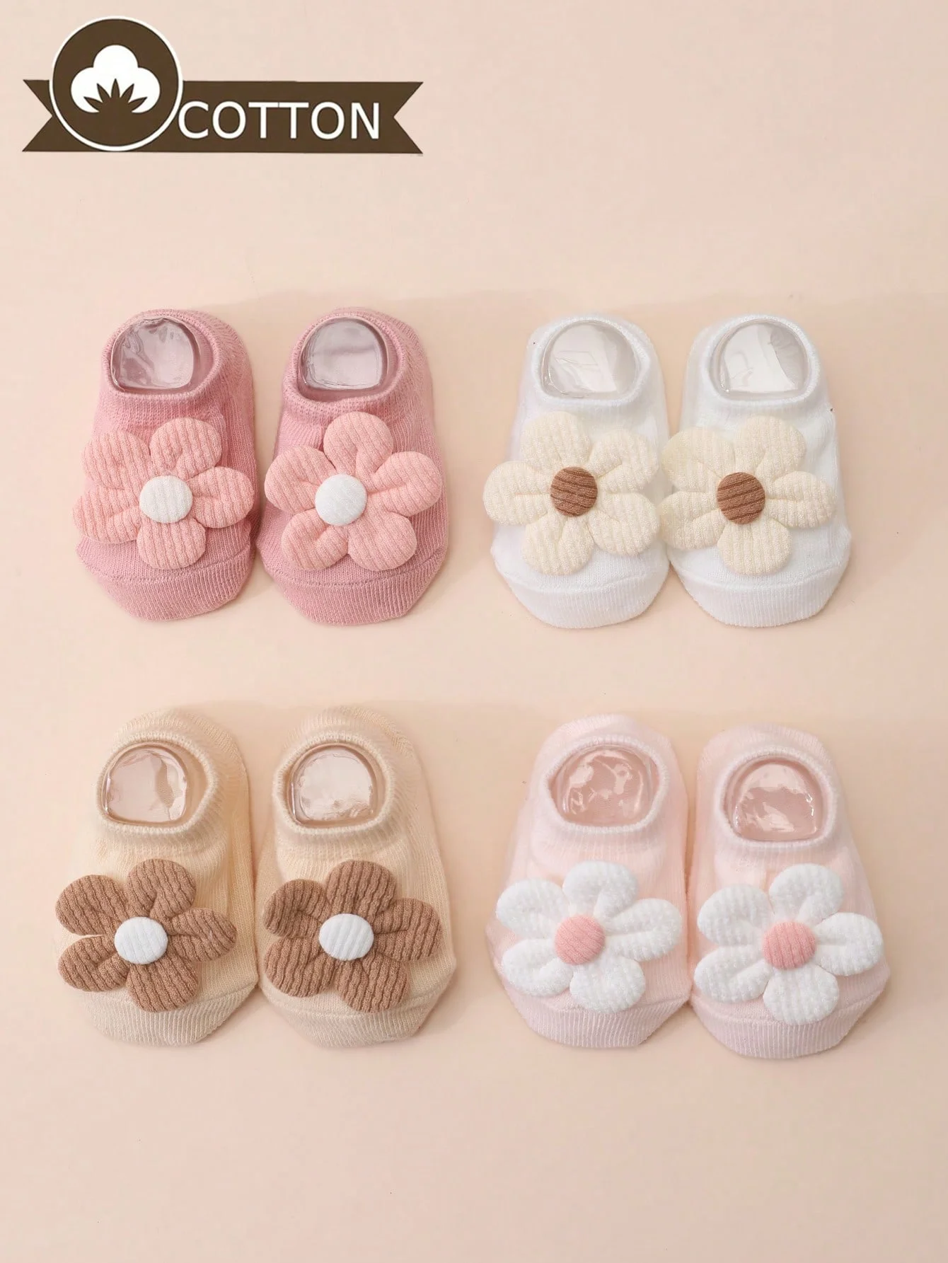 4 Pairs of Baby Girl's Cute Ladylike Flower Decorated Short Socks Solid Color Anti-Slip Bottom Boat Socks Four Seasons Versatile